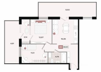 Продается двухкомнатная квартира, 68.93 м2, Краснодар