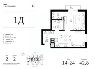 Продаю 1-ком. квартиру, 42.78 м2, Астрахань