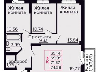 Продаю 3-комнатную квартиру, 71.37 м2, Аксай