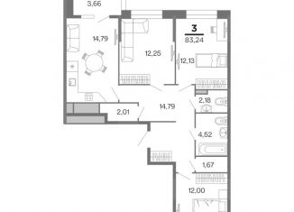 Продам 3-ком. квартиру, 83.24 м2, Рязань