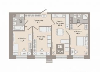 Продаю трехкомнатную квартиру, 71.4 м2, Курган
