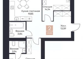 Продается 2-комнатная квартира, 69.88 м2, село Поляны