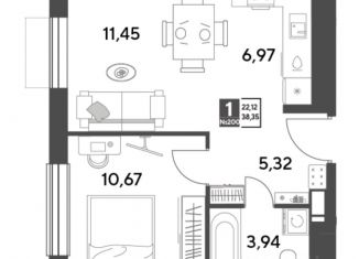 Продается однокомнатная квартира, 38.35 м2, Московская область