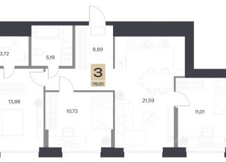 Продаю трехкомнатную квартиру, 75.01 м2, Тула