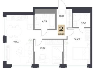 Продается 2-комнатная квартира, 59.93 м2, Тула