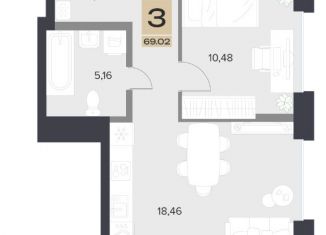 Продается трехкомнатная квартира, 69.02 м2, Тула