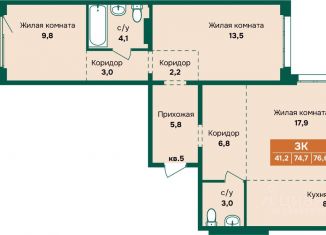 Продам трехкомнатную квартиру, 76.6 м2, Барнаул, Индустриальный район