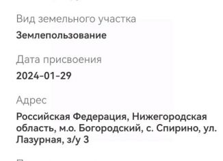 Участок на продажу, 20.6 сот., Нижегородская область, Лазурная улица, 3