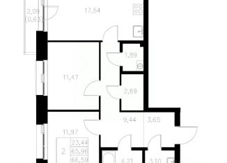 Продается двухкомнатная квартира, 66.59 м2, Казань, Кировский район