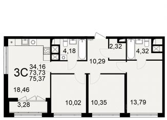 Продажа трехкомнатной квартиры, 75.37 м2, Тула, Одоевское шоссе, 73Б