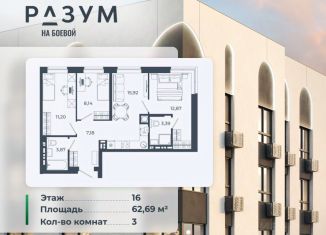 Продается трехкомнатная квартира, 62.69 м2, Астрахань