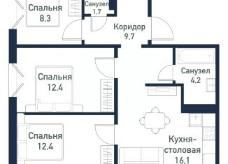 Трехкомнатная квартира на продажу, 64.6 м2, Челябинск