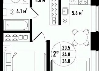 Продаю двухкомнатную квартиру, 34.8 м2, Астрахань